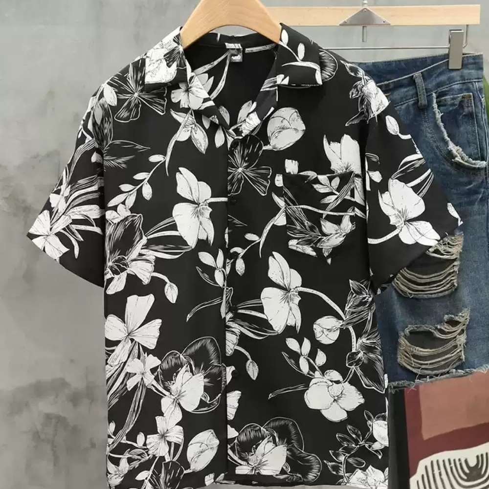 Black White Sketch Floral Aloha Shirt